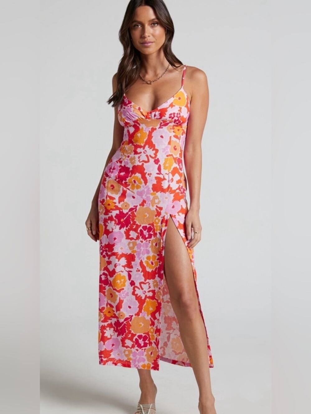 Showpo Nikoletta Split Front Midi Dress Flower Power 100% Cotton Size 16